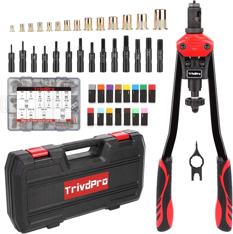 TrivdPro Rivet Nut Tool Kit Rivnut 16" Rivnut Tool Kit Professional RIV Nut Tool Kit with 200pcs Nutsert Tool Kit & 15 Interchangeable Mandrels, Rivet Nut Rivet Tool Kit with Rugged Carry Case - Image 1